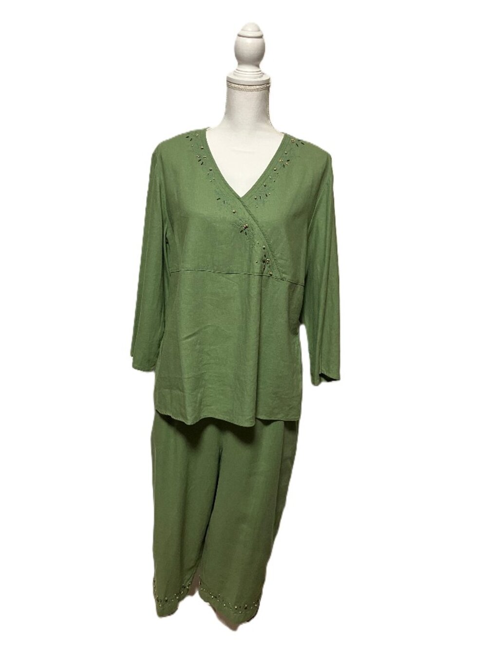 Vintage Napa Valley 2-Piece Pants Set Sage Green Embroidered Beaded Petite XL